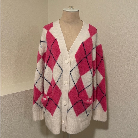 Everlane The SuperFuzz Alpaca Wool Blend Cardigan Pink White Argyle Sweater - Picture 3 of 9